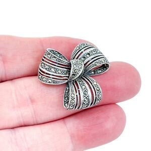 Vintage Thailand Sterling Silver 925 Marcasite Ribbon Bow Brooch Pin